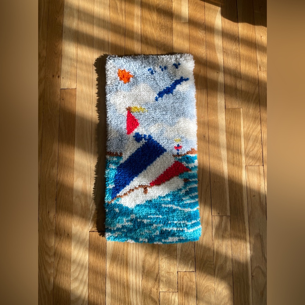 Vintage 70s/80s Boat Lighthouse Seascape Latch & Hook Rug/Wall Art